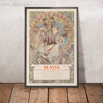 A framed image of Slavia Mutual Insurance Bank Poster by Alphonse Mucha, 1908