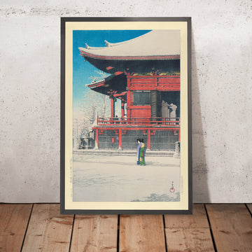 A framed image of Asakusa Kannon Temple after the Snow Tokyo by Hasui Kawase 1935