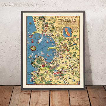 Mappa antica della regione di Monterey Bay di White, 1932: Santa Cruz, Salinas, Pacific Grove, Lattuga, Ferrovia del Pacifico Meridionale 