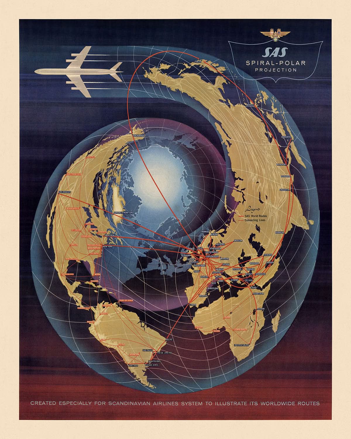 Map In 1960 Old Airline Polar Projection World Map by SAS, 1960: Spiral Design, Gl ...