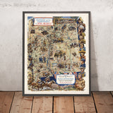 Ancienne carte picturale des batailles des conquistadors, Nouveau-Mexique, par Stedman, 1942 : Coronado, Camino Real, Santa Fe, col de Glorieta, raid de Villa 