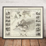 Ancienne carte du monde de la répartition des oiseaux par Johnston, 1856 : zones biogéographiques, planche des oiseaux européens 