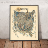 Old Birdseye Map of New York City 1970: Statue of Liberty, Empire State, Times Sq, Wall St, Broadway