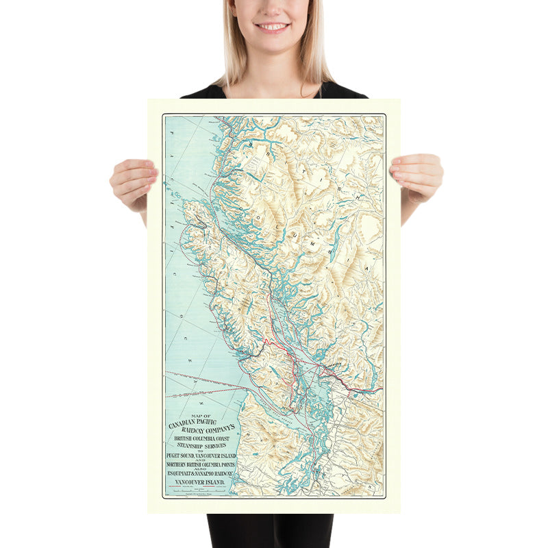 Old Map of British Columbia by Poole Brothers, 1911: Vancouver, Victoria, Railroads, Steamship Routes, Vancouver Island