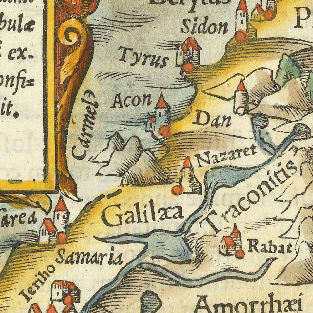 Alte Karte von Zypern und dem Heiligen Land von Münster, 1554: Jerusalem, Berg Sinai, Medina, Segelschiffe, Taurusgebirge.