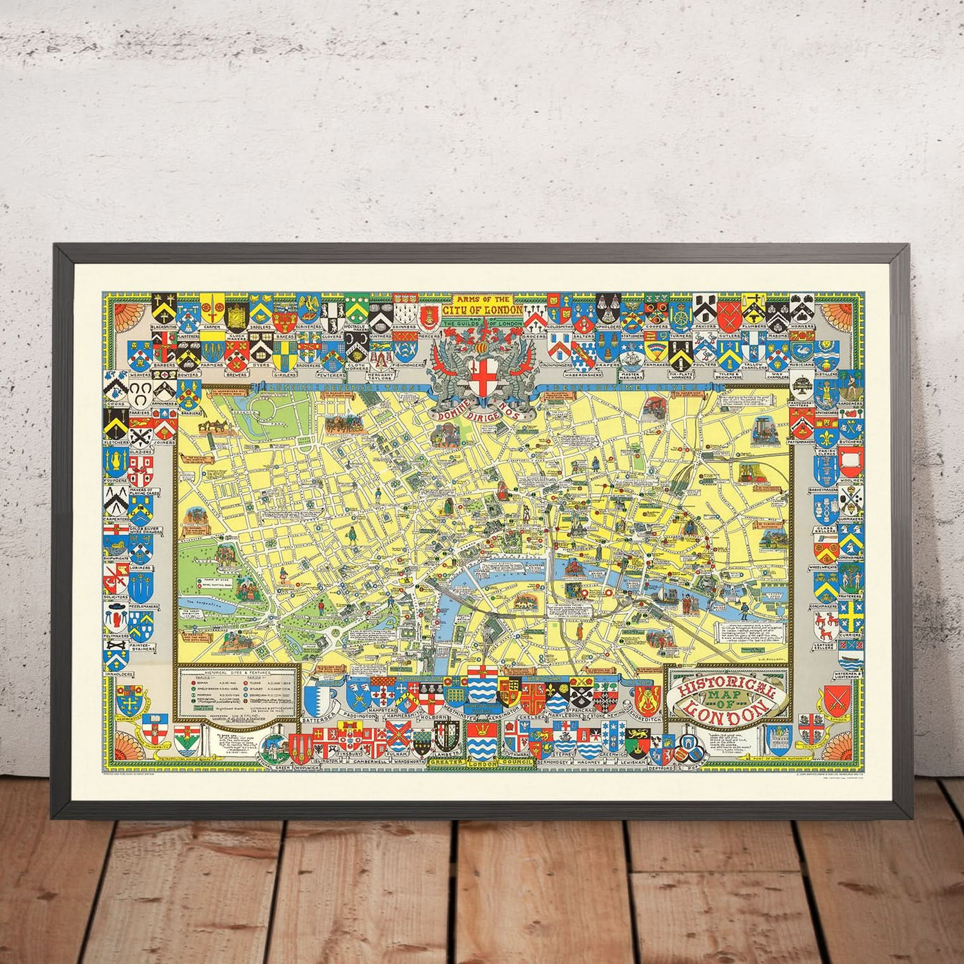 Old Pictorial Map of London by Bullock, 1965: Coats of Arms, Landmarks, Westminster, City