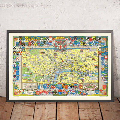 Antiguo mapa ilustrado de Londres por Bullock, 1965: Torre de Londres, San Pablo, Westminster, Hyde Park, Soho.