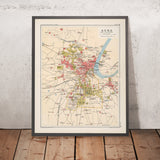 Mapa antiguo de la ciudad de Agra de Bartholomew, 1893: Fuerte de Agra, Yamuna, Cantón, Delhi Rd, ferrocarriles 