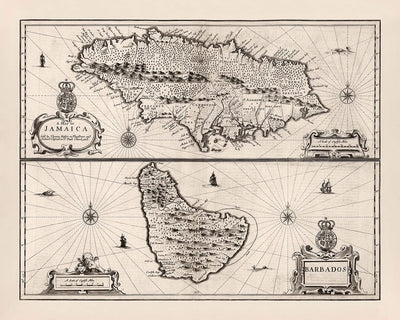 Mapa antiguo de Jamaica y Barbados realizado por Speed, 1676: Port Royal, Bridgetown, montañas, barcos, cartuchos