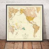 Old Map of Pacific and Western Atlantic, 1894: South Pacific boundaries, British, French, German claims, Mercator projection