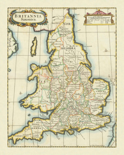 Old Map of Saxon Kingdoms and Counties in England & Wales by Morden, 1695: Wessex, Mercia, York