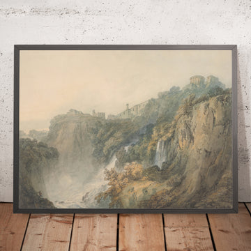Ein gerahmtes Bild von Tivoli mit dem Tempel der Sibylle und den Wasserfällen von Turner, 1796