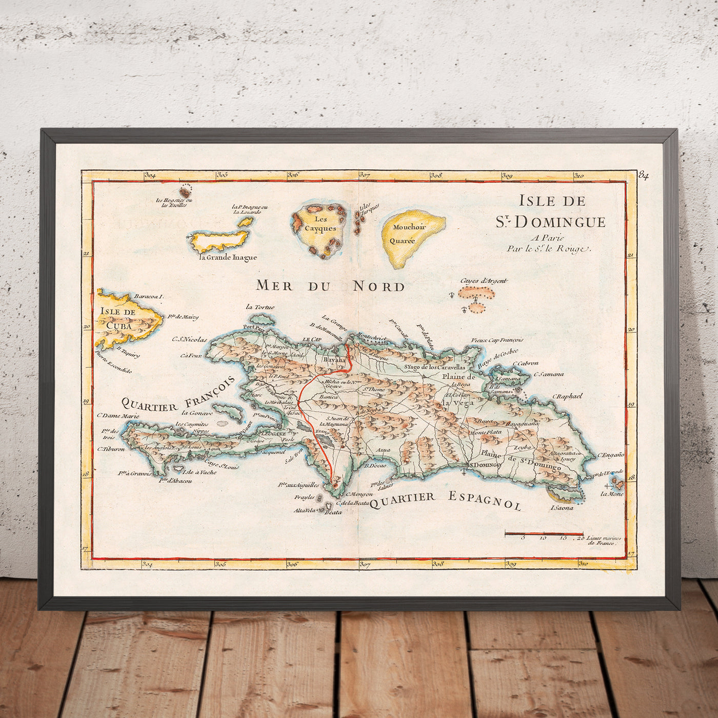 Old Map of Haiti and Dominican Republic by Le Rouge, 1748: Santo Domingo, Les Cayques, Turks & Caicos