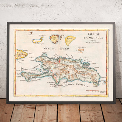 Old Map of Haiti and Dominican Republic by Le Rouge, 1748: Santo Domingo, Les Cayques, Turks & Caicos
