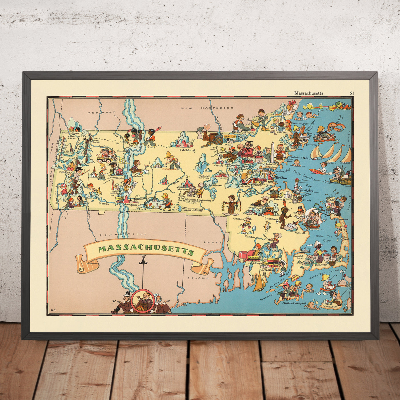 Pictorial Map of Massachusetts by Ruth Taylor White, 1935: Boston, Cape Cod, Harvard, Pilgrims, Maritime Heritage