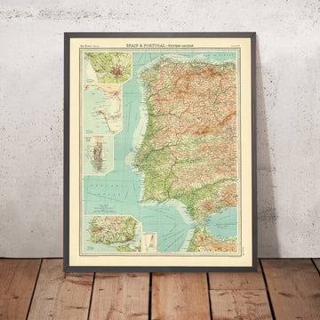 Old Map of Western Spain and Portugal by Bartholomew, 1922: Lisbon, Porto, Cádiz, Gibraltar, Shipping Routes