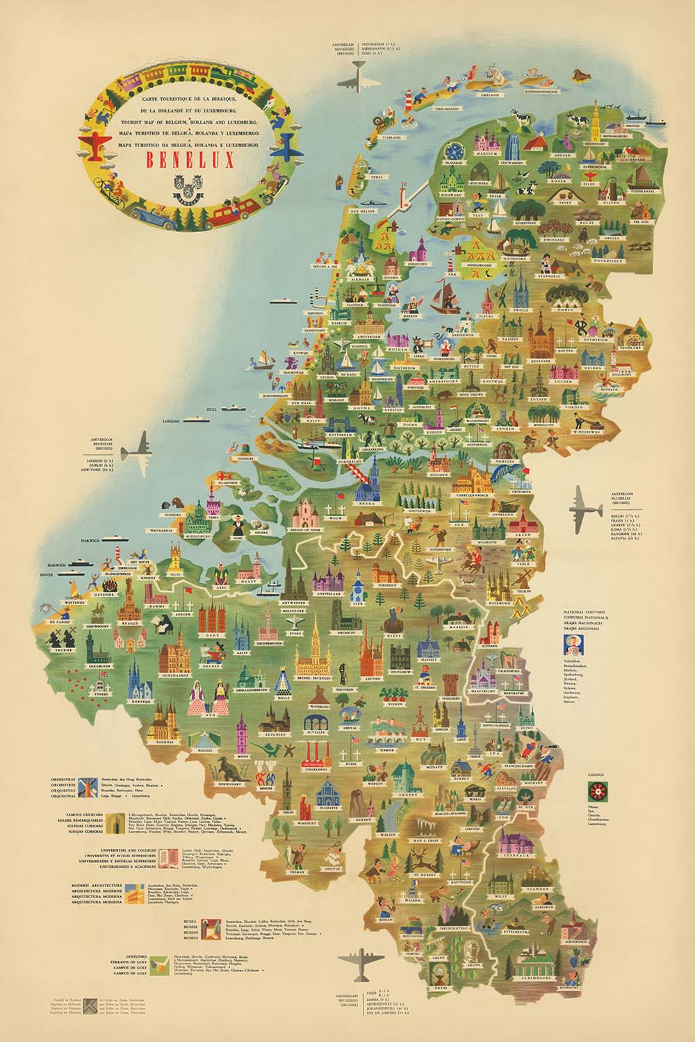 Old Pictorial Tourist Map of Benelux, 1950: Post-WW2 Optimism, Brussels, Amsterdam, Rhine, Windmills