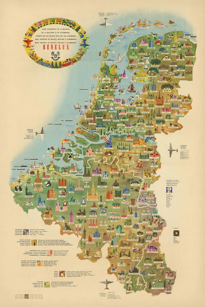 Old Pictorial Tourist Map of Benelux, 1950: Post-WW2 Optimism, Brussels, Amsterdam, Rhine, Windmills