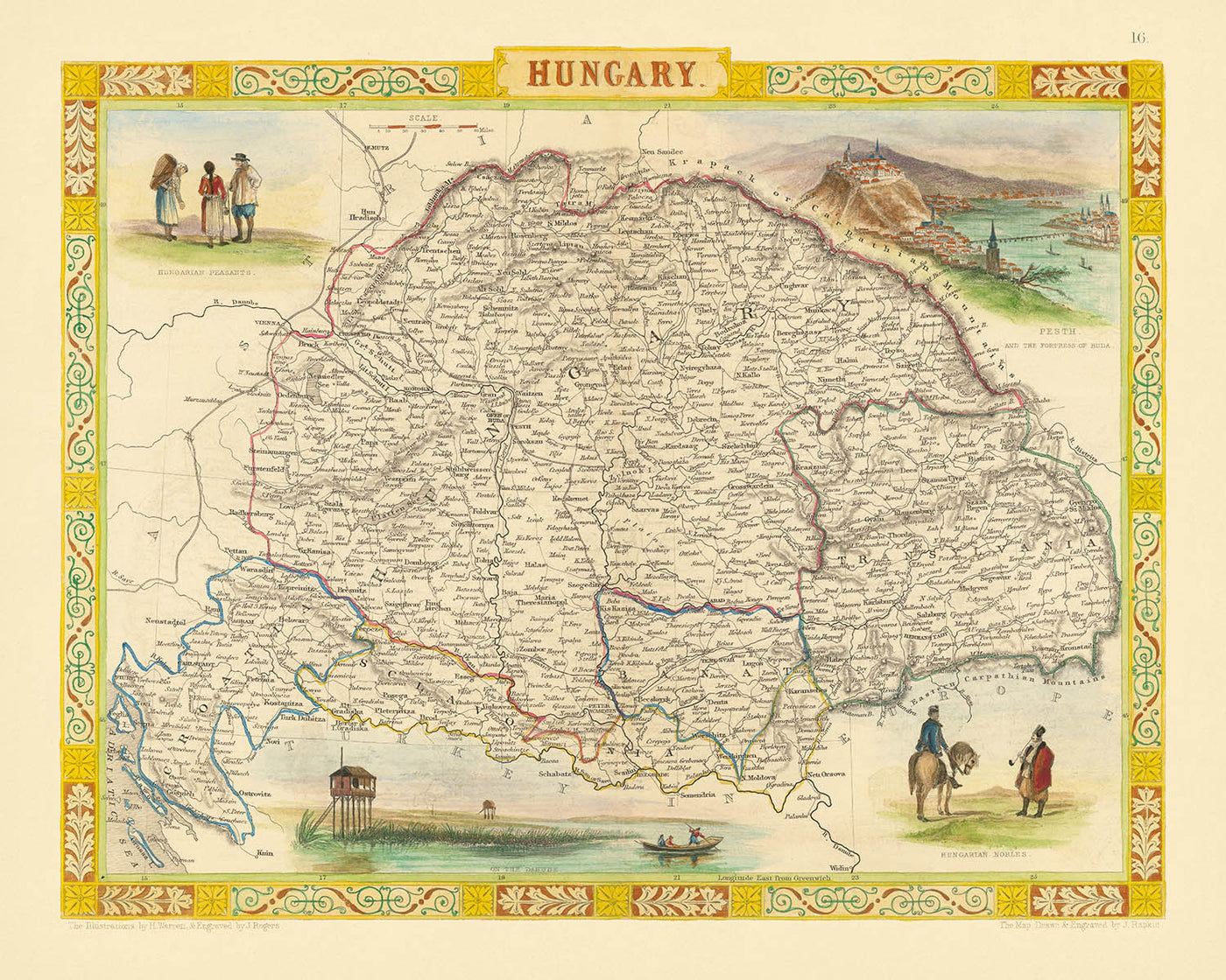 Old Map of Hungary by Tallis, 1851: Budapest, Danube, Carpathians, Nobles, Peasants