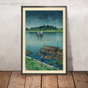 A framed image of Arakawa River in May Rain by Hasui Kawase, 1935