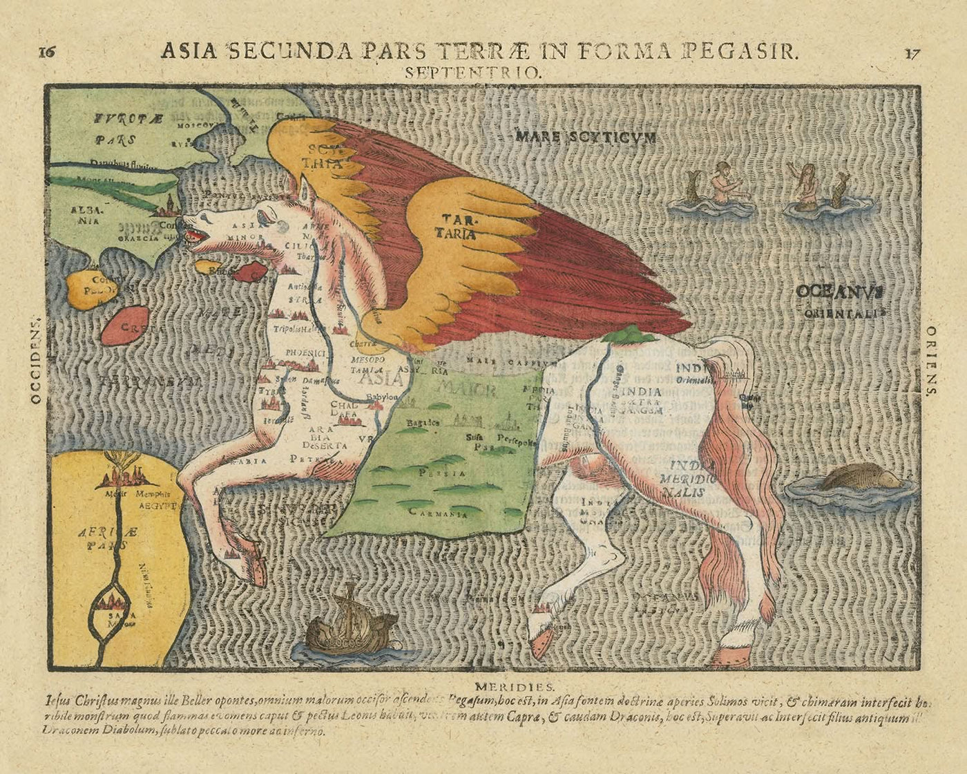 Alte Karte von Asien als Pegasus von Bunting, 1616: Mythisches Design, symbolische Themen, geografische Präzision