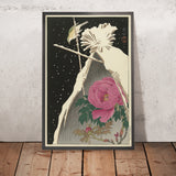 Siberian Bluechat next to a Peony Sheltered by a Snowcovered Hay Sheaf by Ohara Koson, 1925