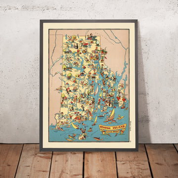 Carte picturale de Rhode Island par Ruth Taylor White, 1935 : Providence, Newport, la baie de Narragansett, les phares, les usines textiles 