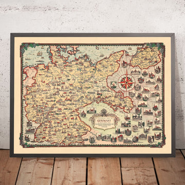 Vecchia mappa pittorica della Germania di Chase, 1935: Berlino, Monaco, Mare del Nord, punti di riferimento, dirigibili 