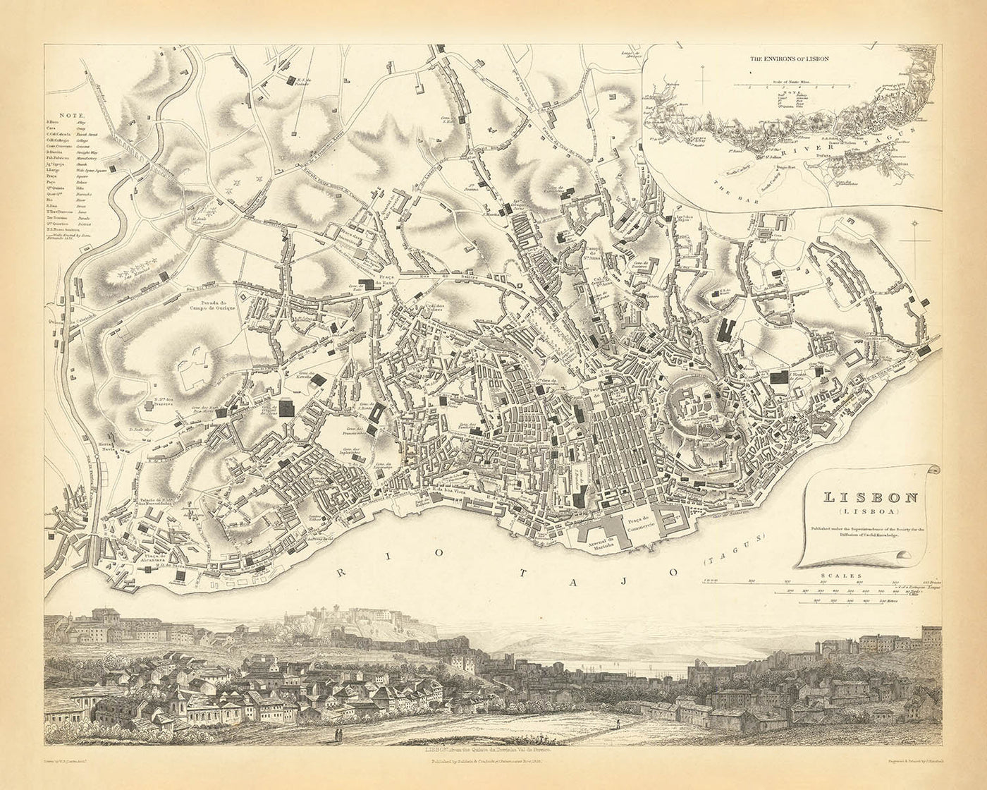 Old Map of Lisbon, 1833: São Jorge, Praça do Comércio, Bairro Alto, Alfama, Tagus River