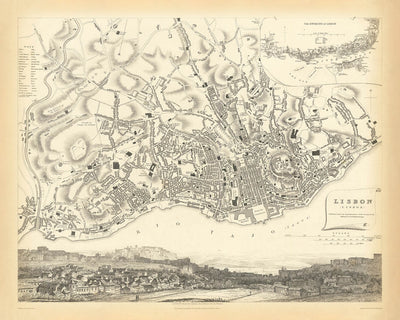 Old Map of Lisbon, 1833: São Jorge, Praça do Comércio, Bairro Alto, Alfama, Tagus River