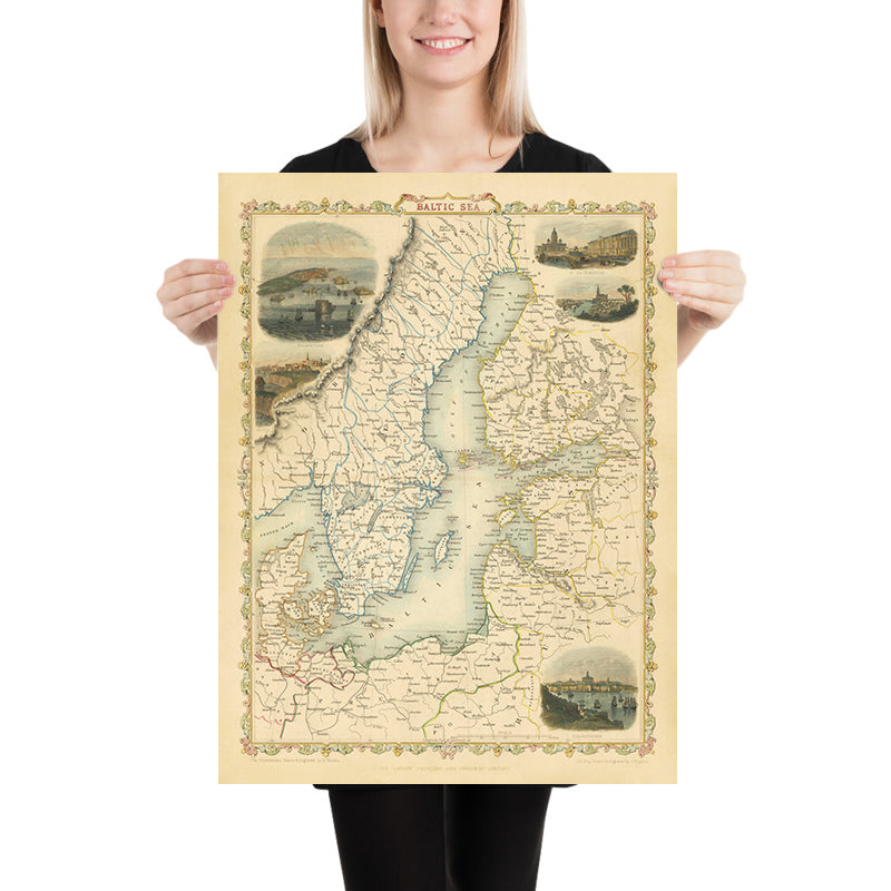 Antica mappa della Finlandia, Danimarca e dei Paesi Baltici di Tallis, 1851: San Pietroburgo, Stoccolma, Riga, Gotland, Golfo di Finlandia 