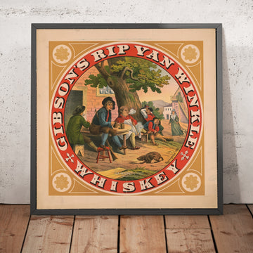 A framed image of Gibson’s Rip Van Winkle Vintage Whiskey Poster, 1882