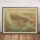 Alte Birdseye-Karte von New York von Wachsmuth, 1898: Broadway, Central Park, Brooklyn Bridge, Governor's Island 