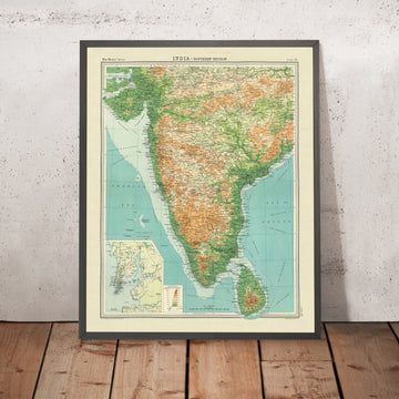 Antica mappa ipsometrica dell’India meridionale di Bartholomew, 1922: Mumbai, Chennai, Hyderabad, Ghati Occidentali, Deccan 
