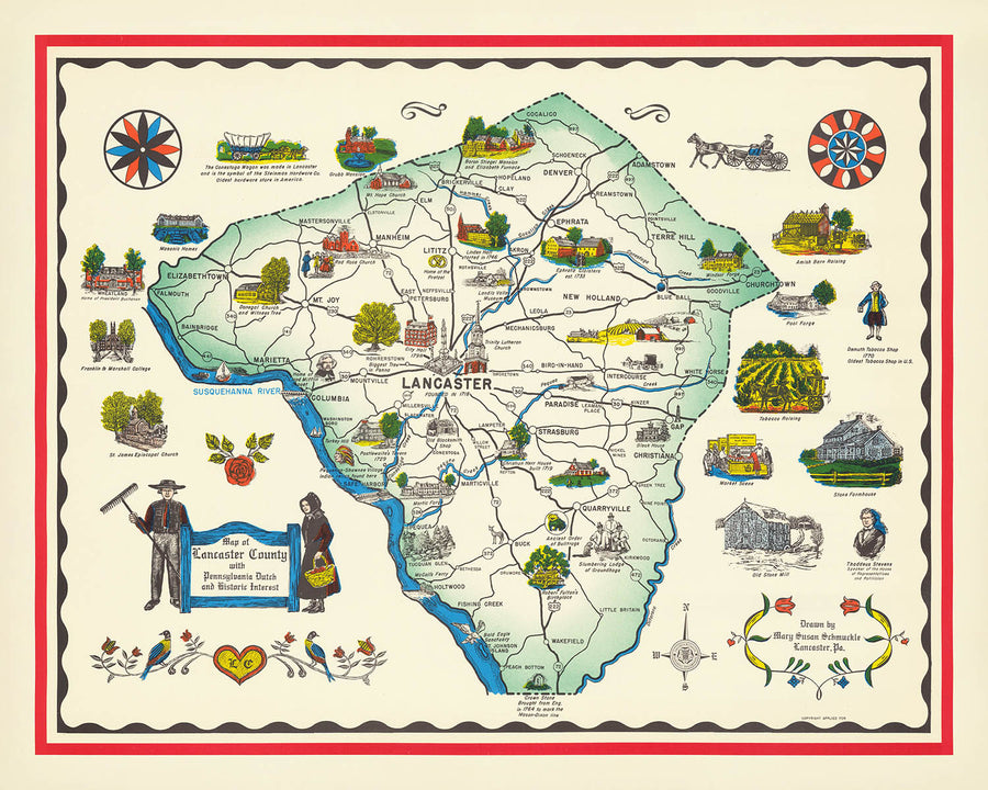Antica mappa della contea di Lancaster, PA di Schmuckle, 1949: Ephrata, Lititz, fiumi Susquehanna e Conestoga, comunità Amish 