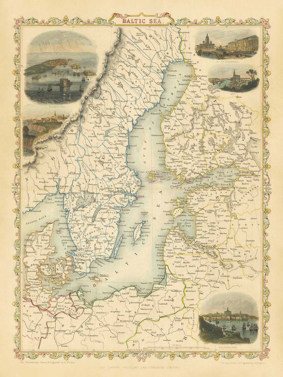 Antica mappa della Finlandia, Danimarca e dei Paesi Baltici di Tallis, 1851: San Pietroburgo, Stoccolma, Riga, Gotland, Golfo di Finlandia 