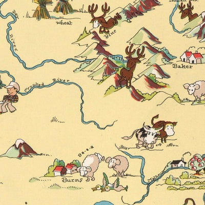 Pictorial Map of Oregon by Ruth Taylor White, 1935: Portland, Cascades, Timber, Columbia River, Coast
