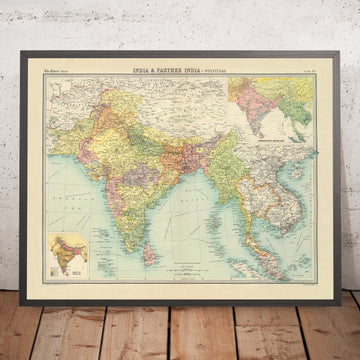 Old Political Map of India & Southeast Asia by Bartholomew, 1922: Bombay, Delhi, Rangoon, Bangkok, Colombo