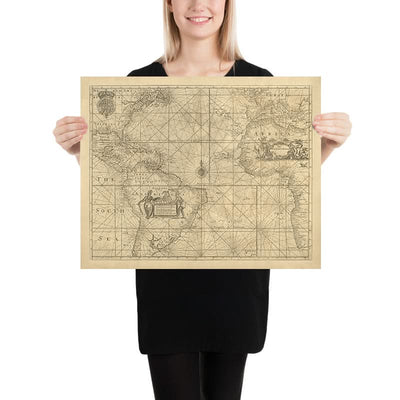 Old Atlantic Ocean Nautical Chart by Mount, 1766: Coasts, Rhumb Lines, Compass Rose