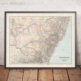 Ancienne carte de la Nouvelle-Galles du Sud par Stanford, 1904 : Sydney, Newcastle, Wollongong, chemins de fer 