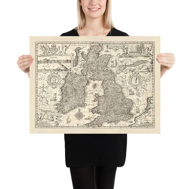 Alte Karte von Großbritannien und Irland von Speed, 1676: London, Edinburgh, Dublin, Orkneys, Seeungeheuer