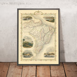 Antiguo mapa de Brasil de Tallis, 1851: río Amazonas, Río de Janeiro, São Paulo, Salvador, costa atlántica 