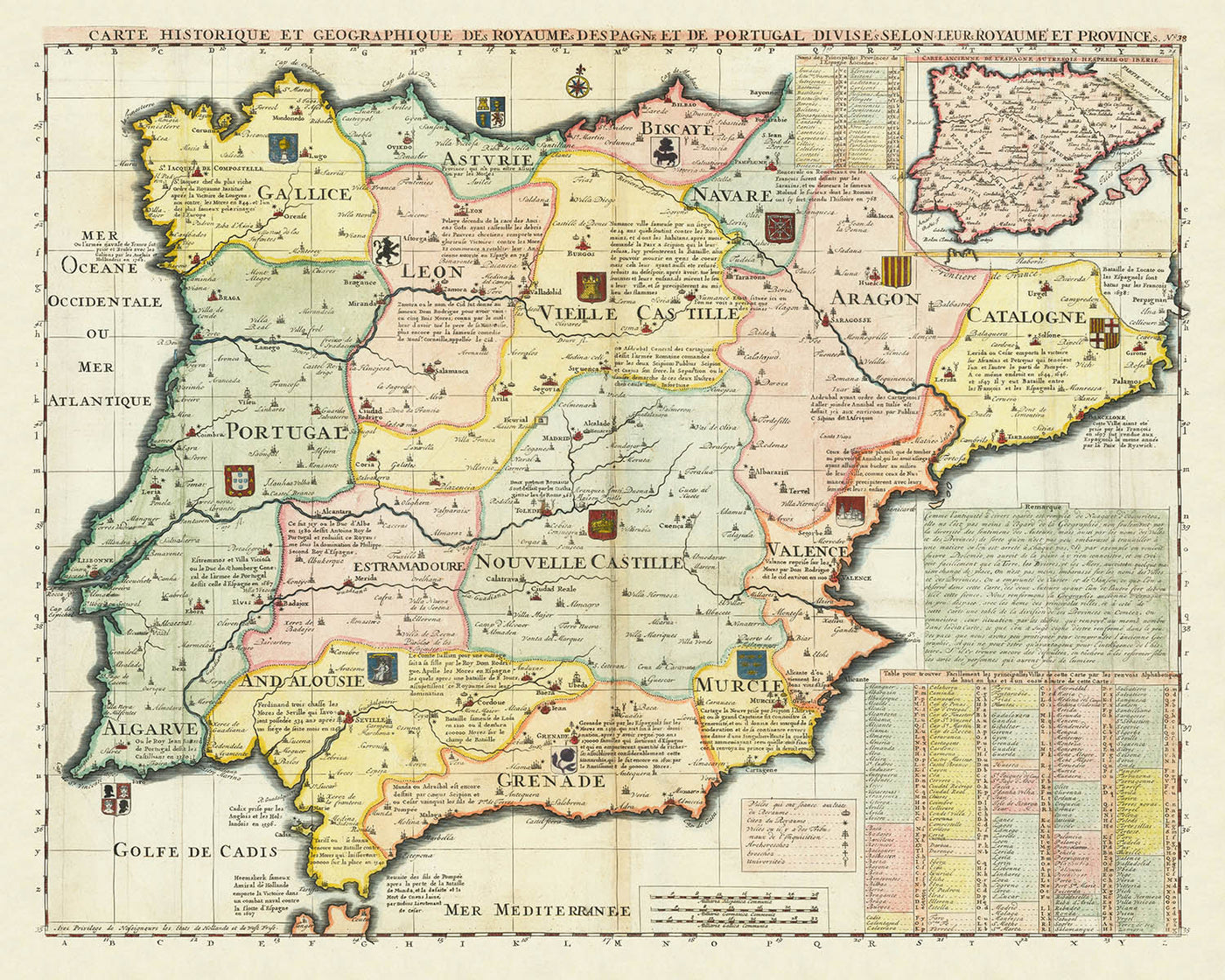 Old Historical Map of Spain & Portugal by Chatelain, 1719: Kingdoms, Provinces, Coats of Arms, Inquisition