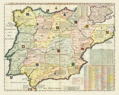 Old Historical Map of Spain & Portugal by Chatelain, 1719: Kingdoms, Provinces, Coats of Arms, Inquisition
