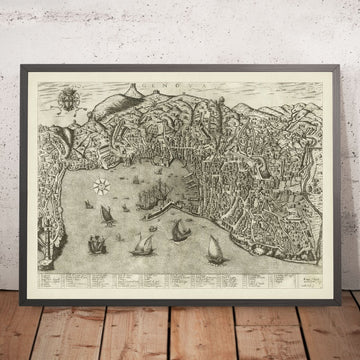 Vecchia mappa pittorica di Genova di Duchetti, 1584: Porto, Laterna, Navi 
