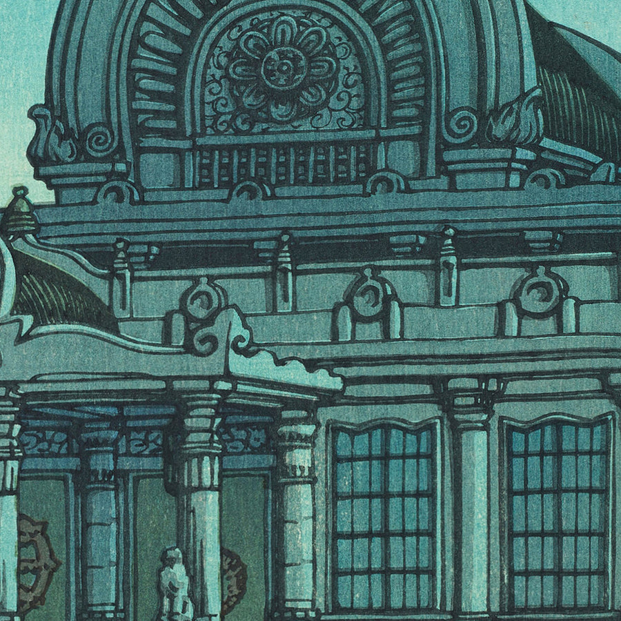 Evening Moon at Honganji Temple in Tsukiji by Hasui Kawase 1935