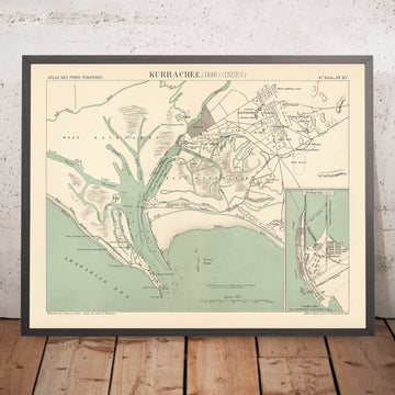 Alte Karte von Karachi, 1886: Hafen & Hafen, Cantonment, Austernfelsen, Leuchtturm 