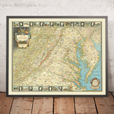 Alte Karte der Hauptstadt der Nation, 1938: USA, Chesapeake Bay, Washington DC, Baltimore, Annapolis, Richmond 