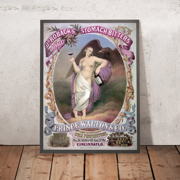 A framed image of Dr. Roback’s Stomach Bitters Vintage Advertising Poster, 1866