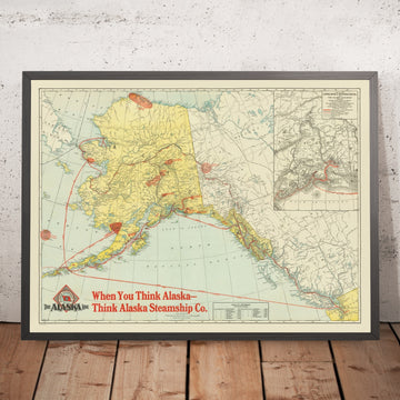 Old Alaska Steamship Co. Route & Railway Map, 1917: Anchorage, Fairbanks, Juneau, Denali NP, Inside Passage